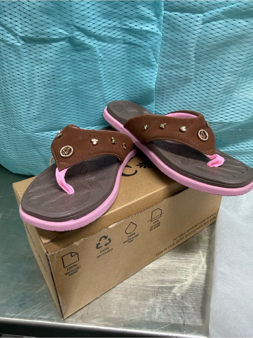 Women’s Brown and Pink Studded Thong Sandals